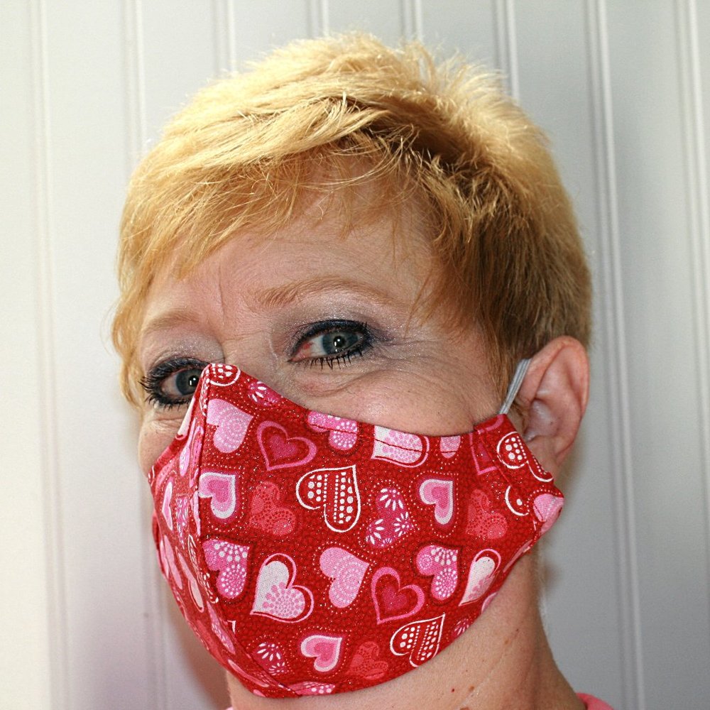 HAND CRAFTED Face Mask Hearts Red Adult Cloth Fabric Print - Shield Style